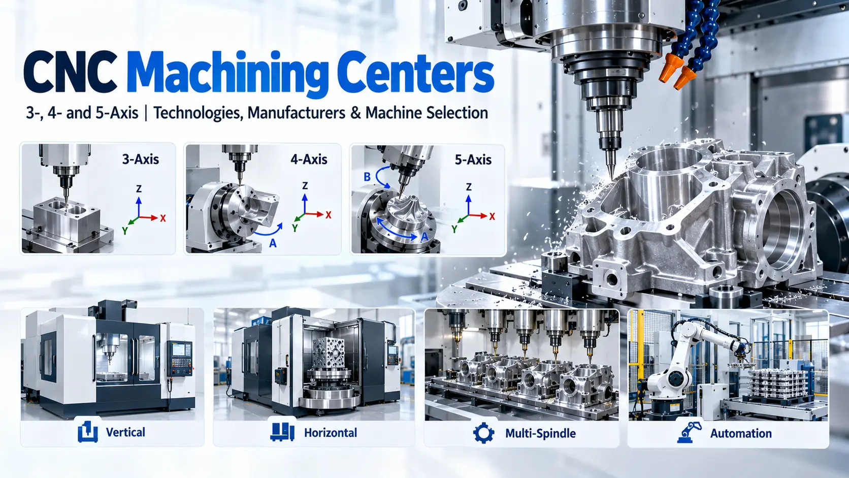 CNC machining centers with 3-axis, 4-axis and 5-axis technology, showing precision milling of metal components, vertical and horizontal machining centers, multi-spindle systems and industrial automation.